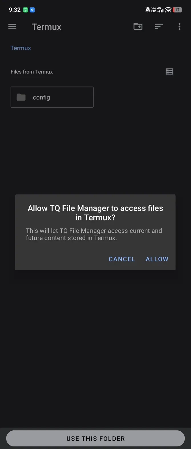 Permission dialog to allow TQ File Manager access Termux