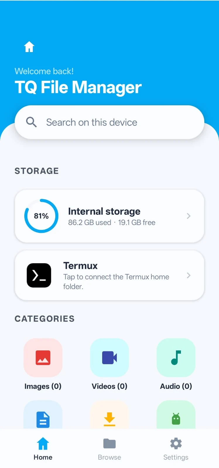 TQ File Manager Home screen showing Termux option