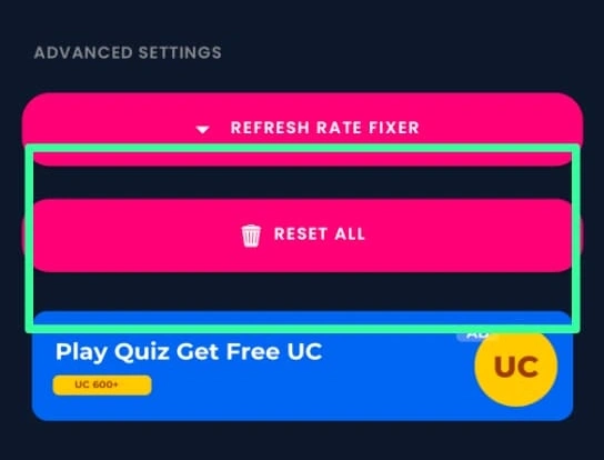 Reset All button in 120 FPS App Advanced Settings